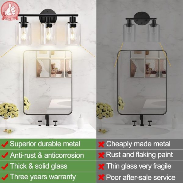 3-Light Bathroom Light Fixtures, Black Modern Vanity Lights with Clear Glass Shade, Bathroom Wall Lamp for Mirror Kitchen Living Room Hallway Cabinet Porch - Image 2