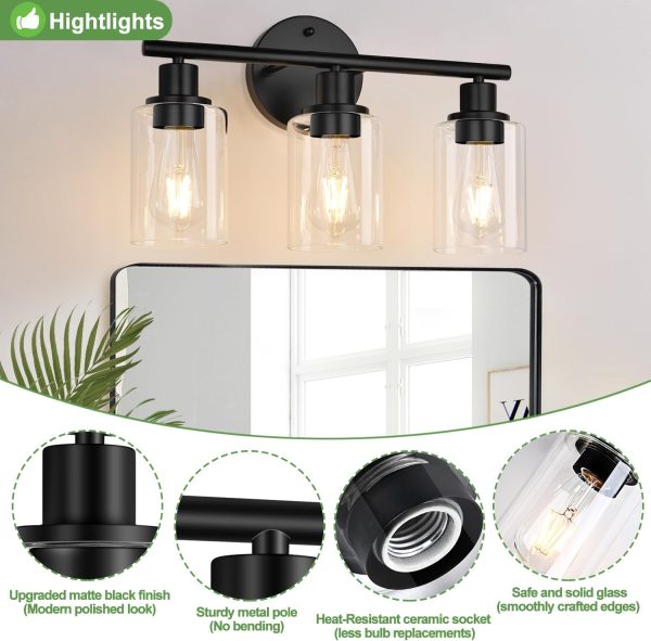 3-Light Bathroom Light Fixtures, Black Modern Vanity Lights with Clear Glass Shade, Bathroom Wall Lamp for Mirror Kitchen Living Room Hallway Cabinet Porch - Image 3