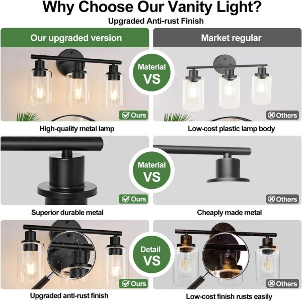 3-Light Bathroom Light Fixtures, Black Modern Vanity Lights with Clear Glass Shade, Bathroom Wall Lamp for Mirror Kitchen Living Room Hallway Cabinet Porch - Image 4