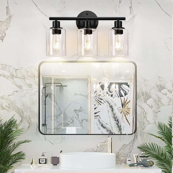 3-Light Bathroom Light Fixtures, Black Modern Vanity Lights with Clear Glass Shade, Bathroom Wall Lamp for Mirror Kitchen Living Room Hallway Cabinet Porch - Image 5