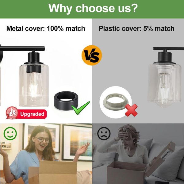 3-Light Bathroom Light Fixtures, Black Modern Vanity Lights with Clear Glass Shade, Bathroom Wall Lamp for Mirror Kitchen Living Room Hallway Cabinet Porch - Image 6