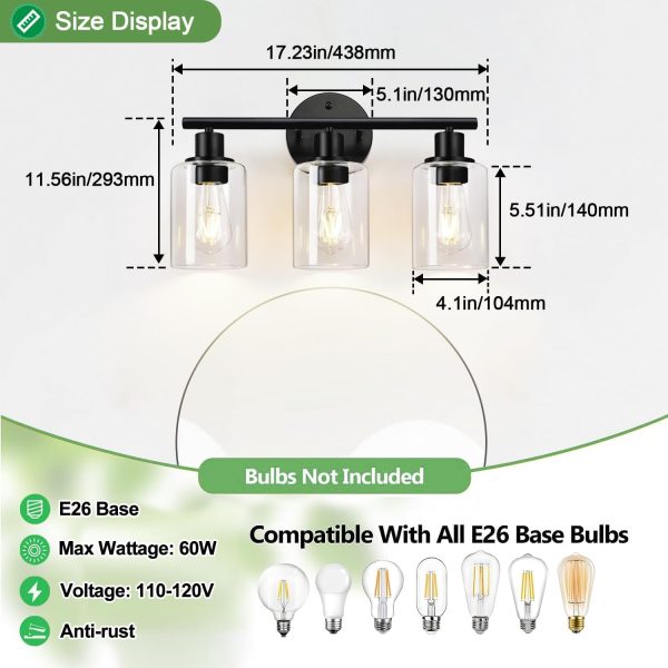 3-Light Bathroom Light Fixtures, Black Modern Vanity Lights with Clear Glass Shade, Bathroom Wall Lamp for Mirror Kitchen Living Room Hallway Cabinet Porch - Image 7