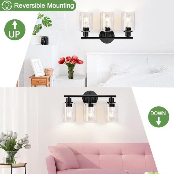 3-Light Bathroom Light Fixtures, Black Modern Vanity Lights with Clear Glass Shade, Bathroom Wall Lamp for Mirror Kitchen Living Room Hallway Cabinet Porch - Image 8