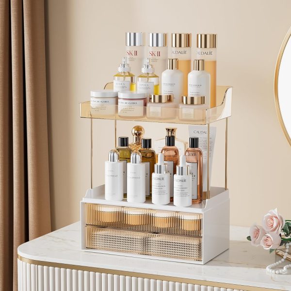 Delamu 2-Tier 2-Drawer Bathroom Counter Organizer, Multi-Purpose Makeup Organizer Countertop, Large Skincare Organizers, Exquisite Vanity Organizer, Amber - Image 2