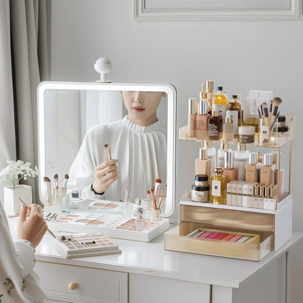Delamu 2-Tier 2-Drawer Bathroom Counter Organizer, Multi-Purpose Makeup Organizer Countertop, Large Skincare Organizers, Exquisite Vanity Organizer, Amber - Image 3