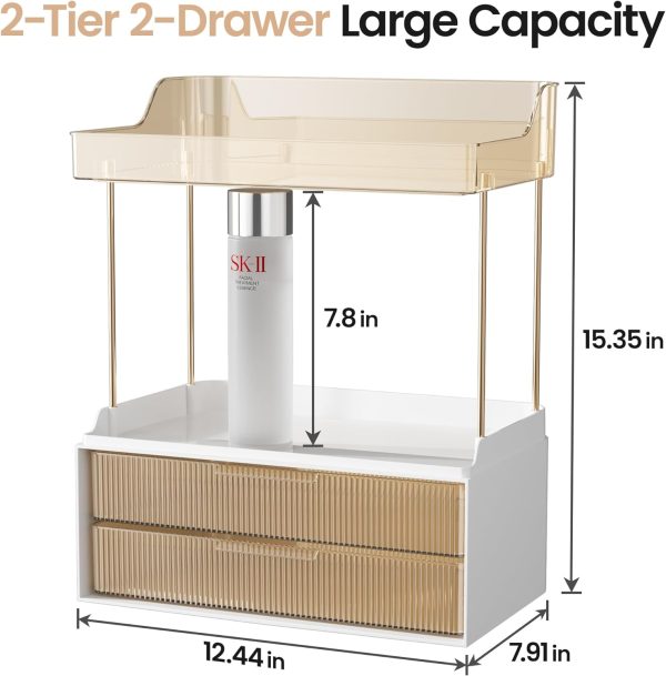 Delamu 2-Tier 2-Drawer Bathroom Counter Organizer, Multi-Purpose Makeup Organizer Countertop, Large Skincare Organizers, Exquisite Vanity Organizer, Amber - Image 6