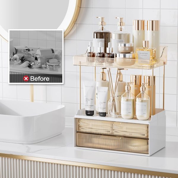 Delamu 2-Tier 2-Drawer Bathroom Counter Organizer, Multi-Purpose Makeup Organizer Countertop, Large Skincare Organizers, Exquisite Vanity Organizer, Amber - Image 7