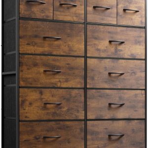 WLIVE Tall Dresser for Bedroom with 12 Drawers, Chests of Drawers, Fabric Dresser for Bedroom, Closet, Fabric Storage Dresser with Drawers, Steel Frame, Rustic Brown Wood Grain Print